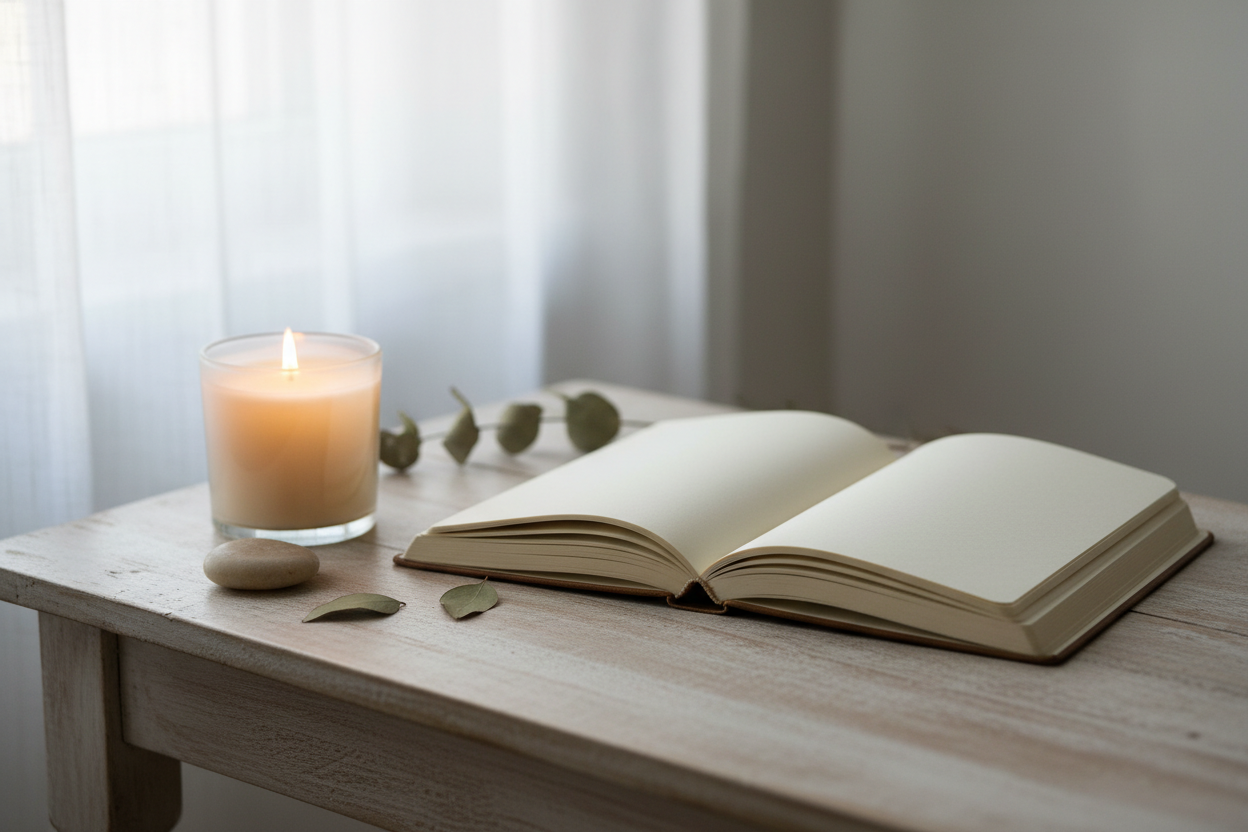 Calm, neutral image: journal, candle, soft light