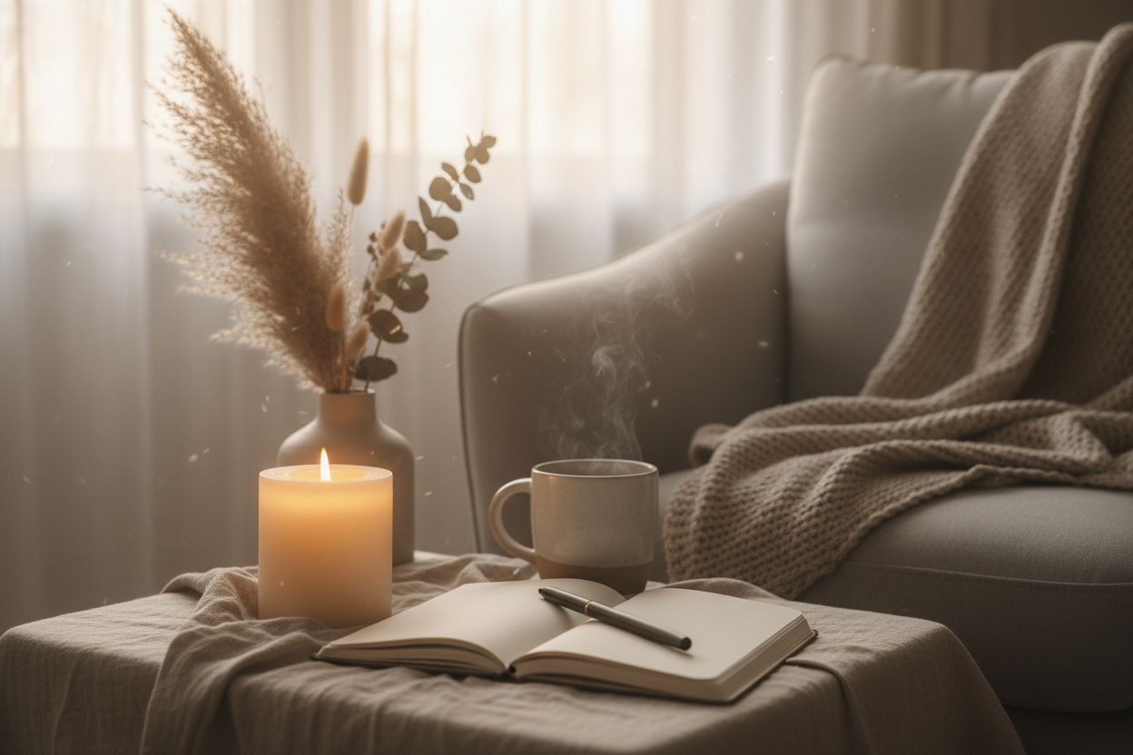 oft, neutral imagery: cozy space, candle, journal, calming environment