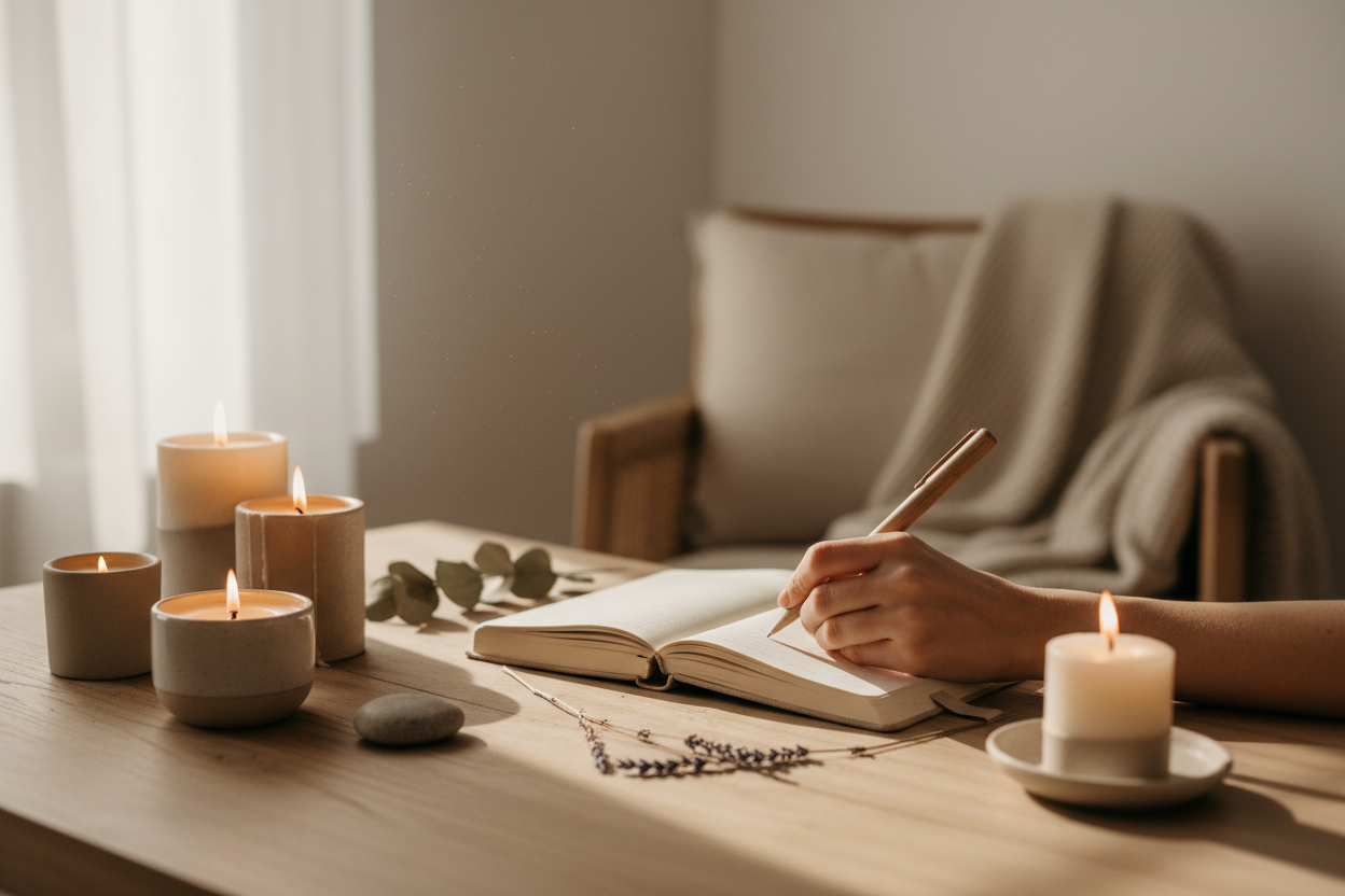 Soft, neutral image: calm home space, hands, candles, journaling setup